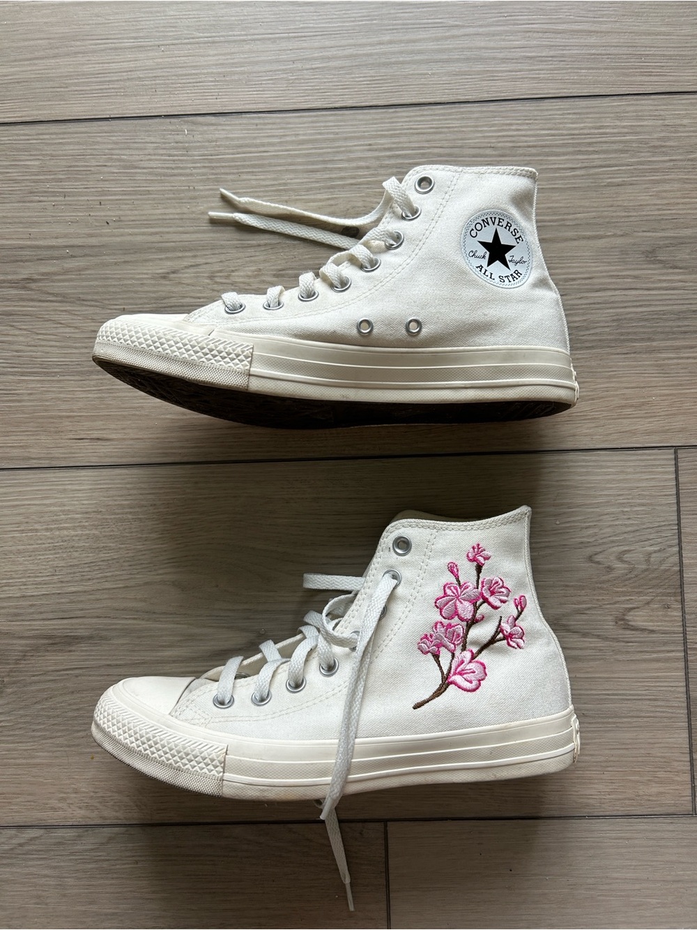 EUC Converse Off White High Top Sneakers with Pink Cherry Blossom Embroidery 8.5